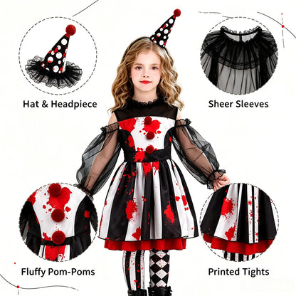 1Pc Funny Halloween Clown Kids Costume, Circus‑Theme Girls Dress, Carnival Role‑Play Outfit, Party Performance Cosplay Gift