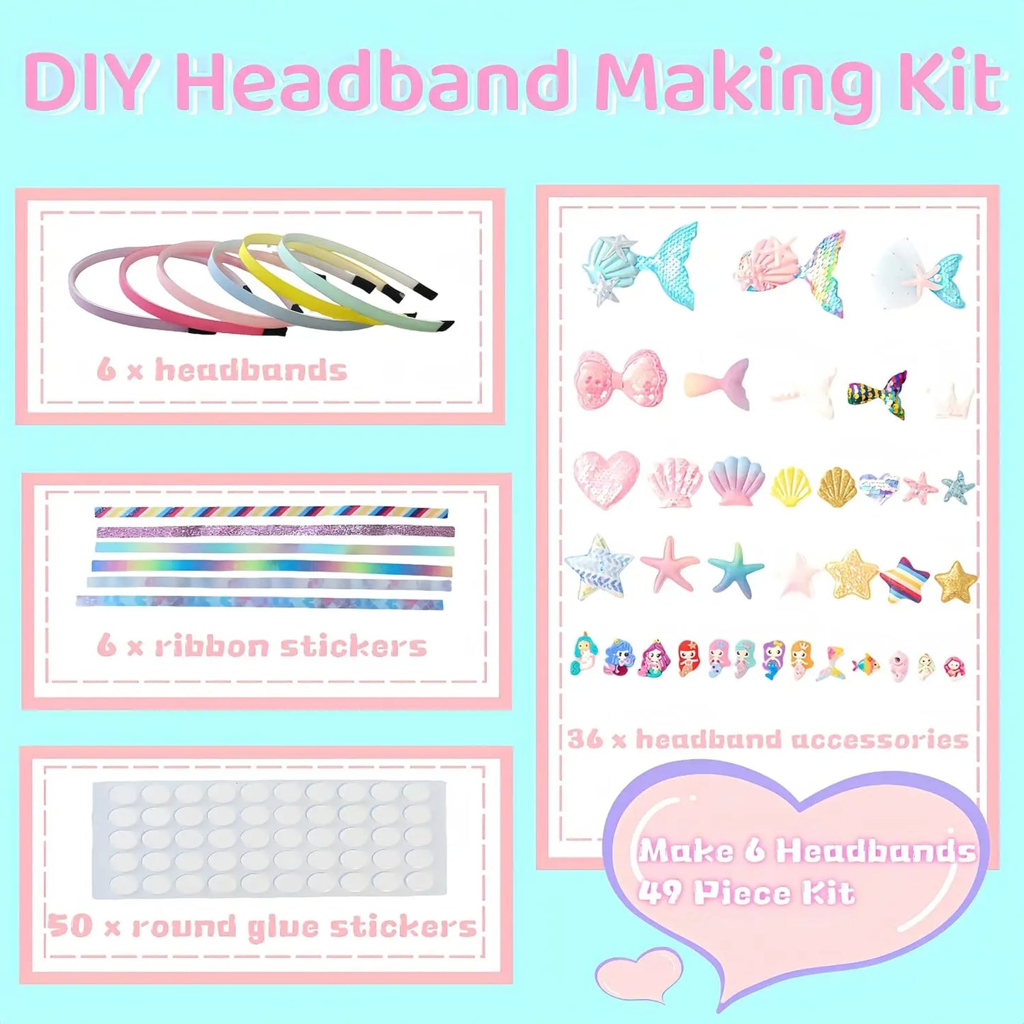 Girls DIY Toy Hair Accessories, Arts & Crafts Gift Set 6pcs Headband Making Kit,Christmas Birthday Gift ages  6 7 8 9 10 11