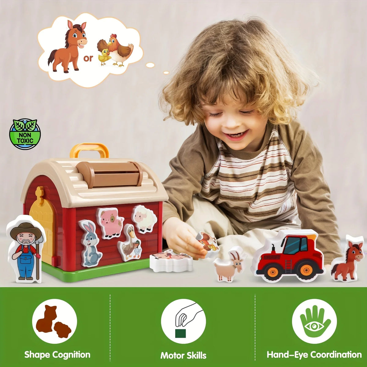Big Red Take-Along Sorting Barn Toy with Handle, 12M+,10 Farm Play Pieces  , Shape Sorting & Stacking Learning Gift for Toddler