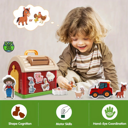 Big Red Take-Along Sorting Barn Toy with Handle, 12M+,10 Farm Play Pieces  , Shape Sorting & Stacking Learning Gift for Toddler