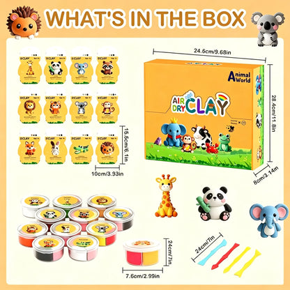 Air Dry Clay Kit with 12 Animal Molds, Full DIY Tools & Guides, Soft Non-Sticky Clay, Creative Gift for Children’s Day