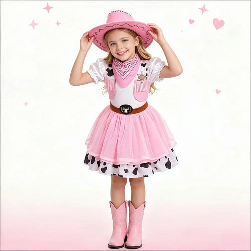 2Pcs Pink Western Cowgirl Outfit, Kids Halloween Cowgirl Dress, Vintage Role Play Costume for Party & Stage Show, Gift Option
