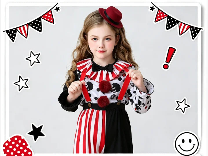 1Pc Spooky Clown Kids Cosplay Costume, Girls Halloween Party Outfit, Carnival Stage Performance Dress‑up Suit for Holiday Gift
