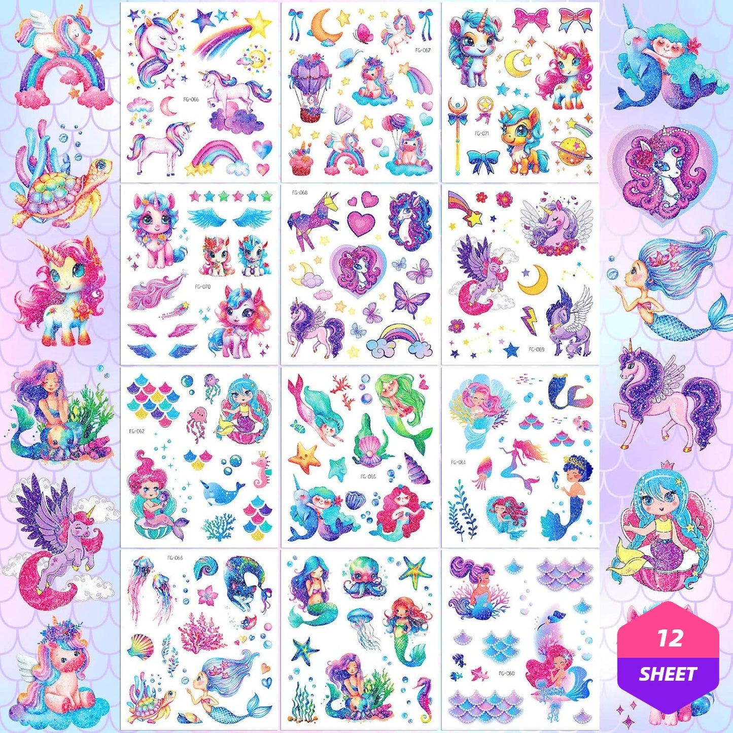 12 Sheets Glitter Kids Temporary Tattoos Toy Set- Mermaid Unicorn Rainbow Butterfly Waterproof for Girls Birthday Party Favors