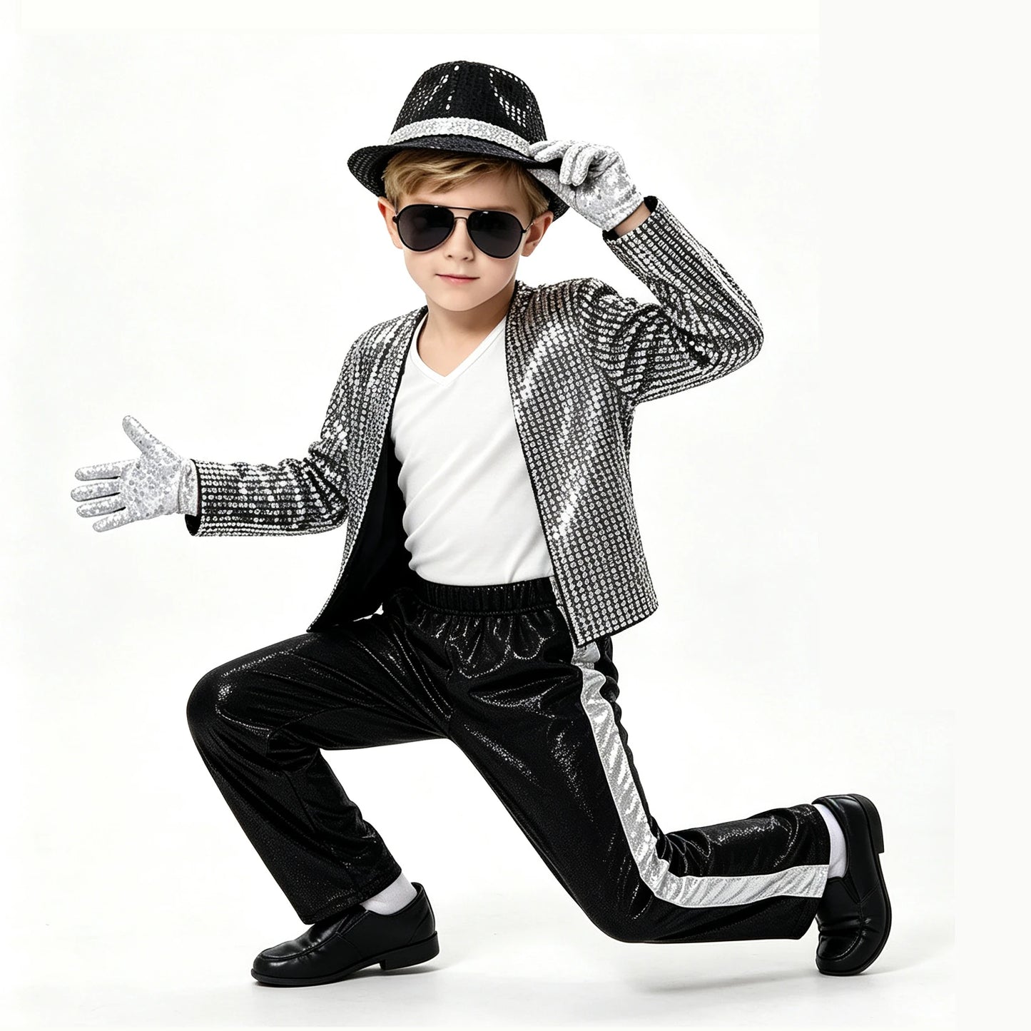 1 Set Kids Sparkly Sequined Retro Dance Costume, Unisex Outfit for Halloween Party, Stage Role‑Play & Holiday Gift