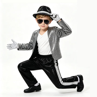 1 Set Kids Sparkly Sequined Retro Dance Costume, Unisex Outfit for Halloween Party, Stage Role‑Play & Holiday Gift