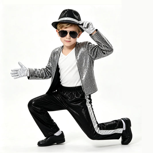1 Set Kids Sparkly Sequined Retro Dance Costume, Unisex Outfit for Halloween Party, Stage Role‑Play & Holiday Gift
