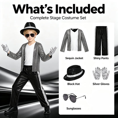 1 Set Kids Sparkly Sequined Retro Dance Costume, Unisex Outfit for Halloween Party, Stage Role‑Play & Holiday Gift
