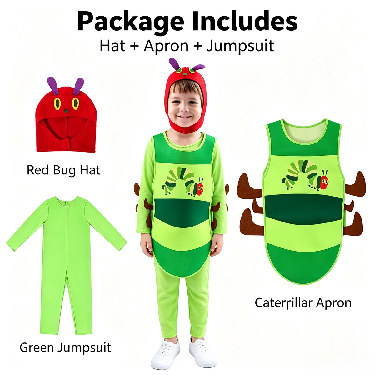 Cute Caterpillar Kids Costume, Vivid Cartoon Role‑Play Outfit, Full Dress‑up Set for Holiday Party & Stage Performance Gift