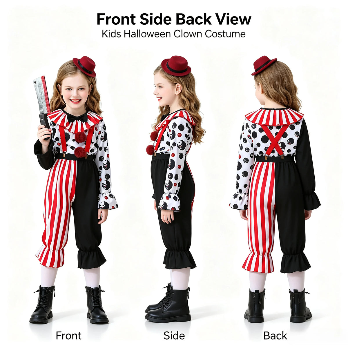 1Pc Spooky Clown Kids Cosplay Costume, Girls Halloween Party Outfit, Carnival Stage Performance Dress‑up Suit for Holiday Gift