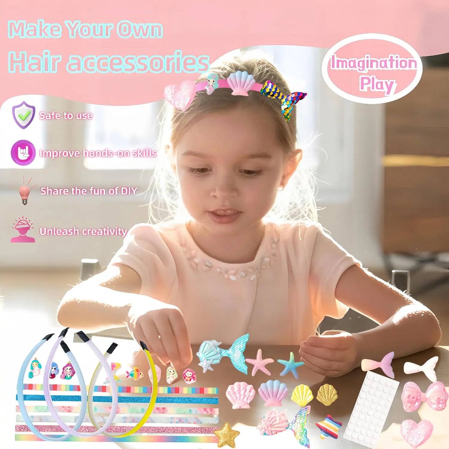 Girls DIY Toy Hair Accessories, Arts & Crafts Gift Set 6pcs Headband Making Kit,Christmas Birthday Gift ages  6 7 8 9 10 11