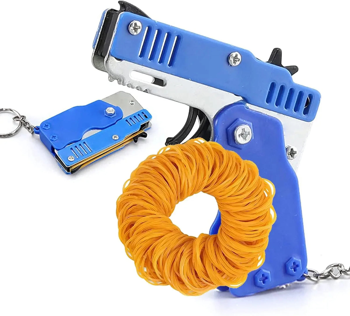 Kids Cool Mini Folding Rubber Launcher Toy with 60 Rubber Bands, Portable Toy for Outdoor Activities,  Keychain Gift