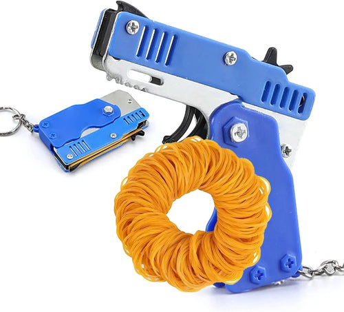 Kids Cool Mini Folding Rubber Launcher Toy with 60 Rubber Bands, Portable Toy for Outdoor Activities,  Keychain Gift