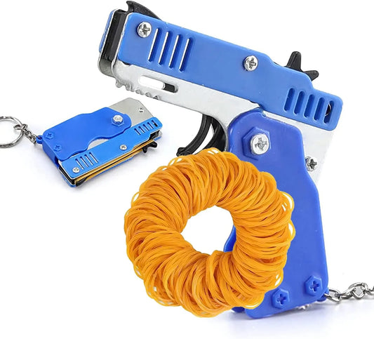 Kids Cool Mini Folding Rubber Launcher Toy with 60 Rubber Bands, Portable Toy for Outdoor Activities,  Keychain Gift