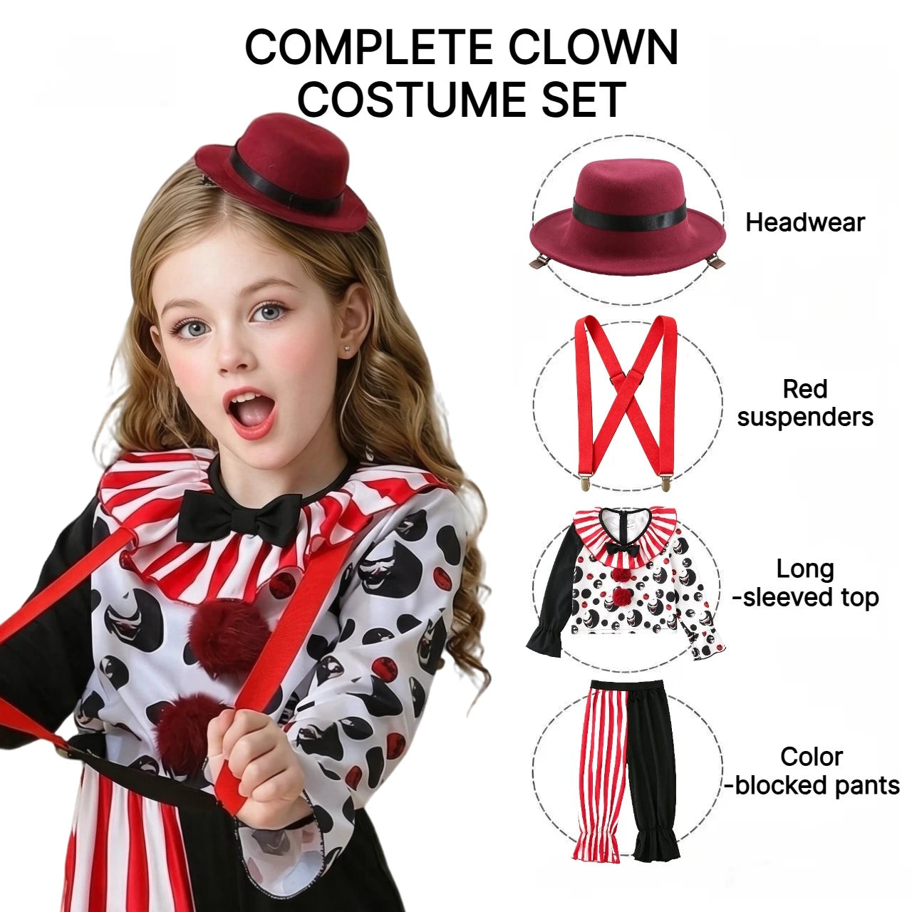 1Pc Spooky Clown Kids Cosplay Costume, Girls Halloween Party Outfit, Carnival Stage Performance Dress‑up Suit for Holiday Gift
