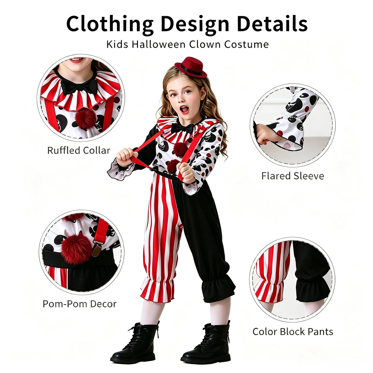 1Pc Spooky Clown Kids Cosplay Costume, Girls Halloween Party Outfit, Carnival Stage Performance Dress‑up Suit for Holiday Gift