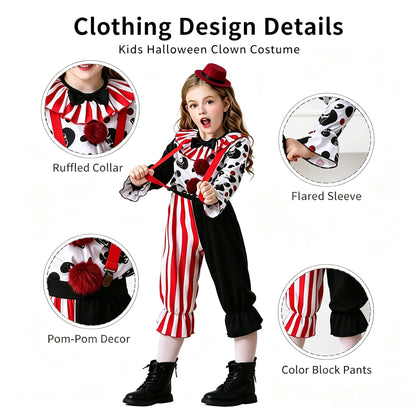 1Pc Spooky Clown Kids Cosplay Costume, Girls Halloween Party Outfit, Carnival Stage Performance Dress‑up Suit for Holiday Gift