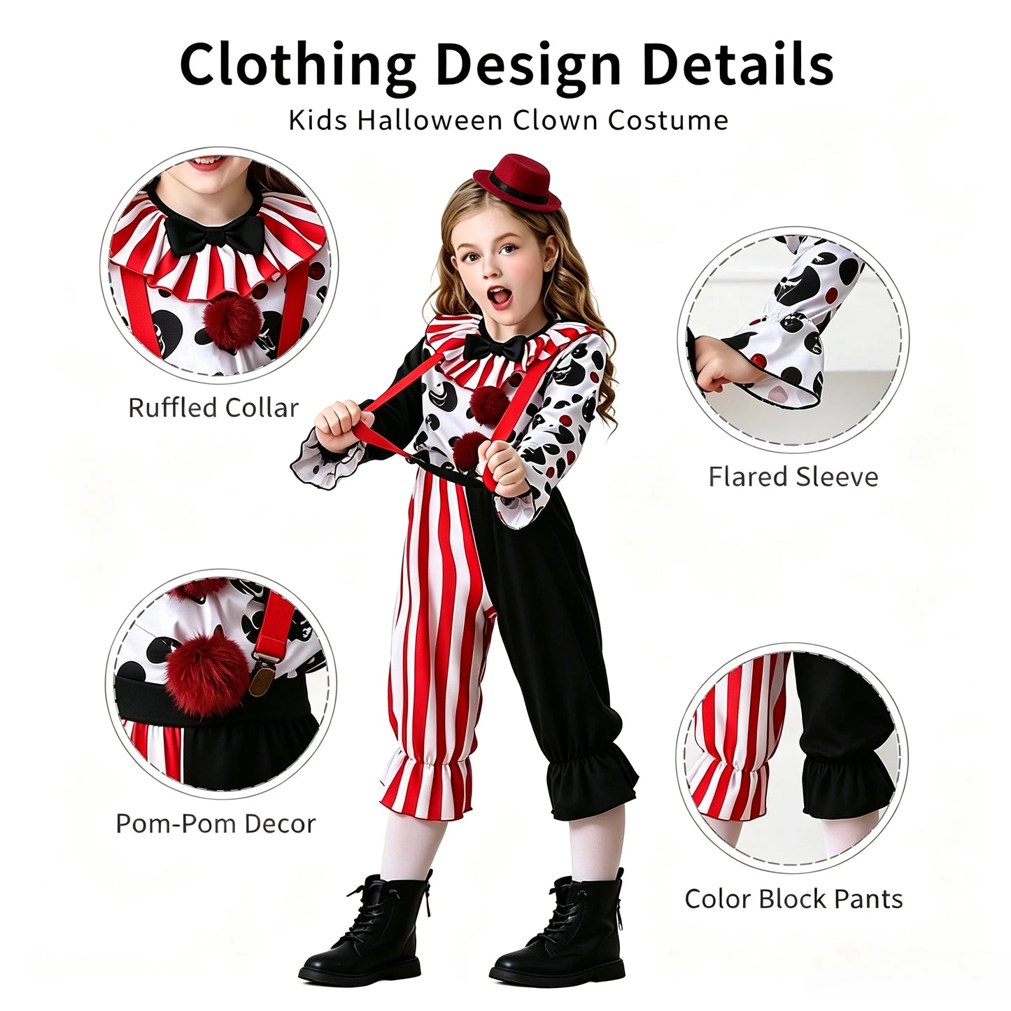 1Pc Spooky Clown Kids Cosplay Costume, Girls Halloween Party Outfit, Carnival Stage Performance Dress‑up Suit for Holiday Gift