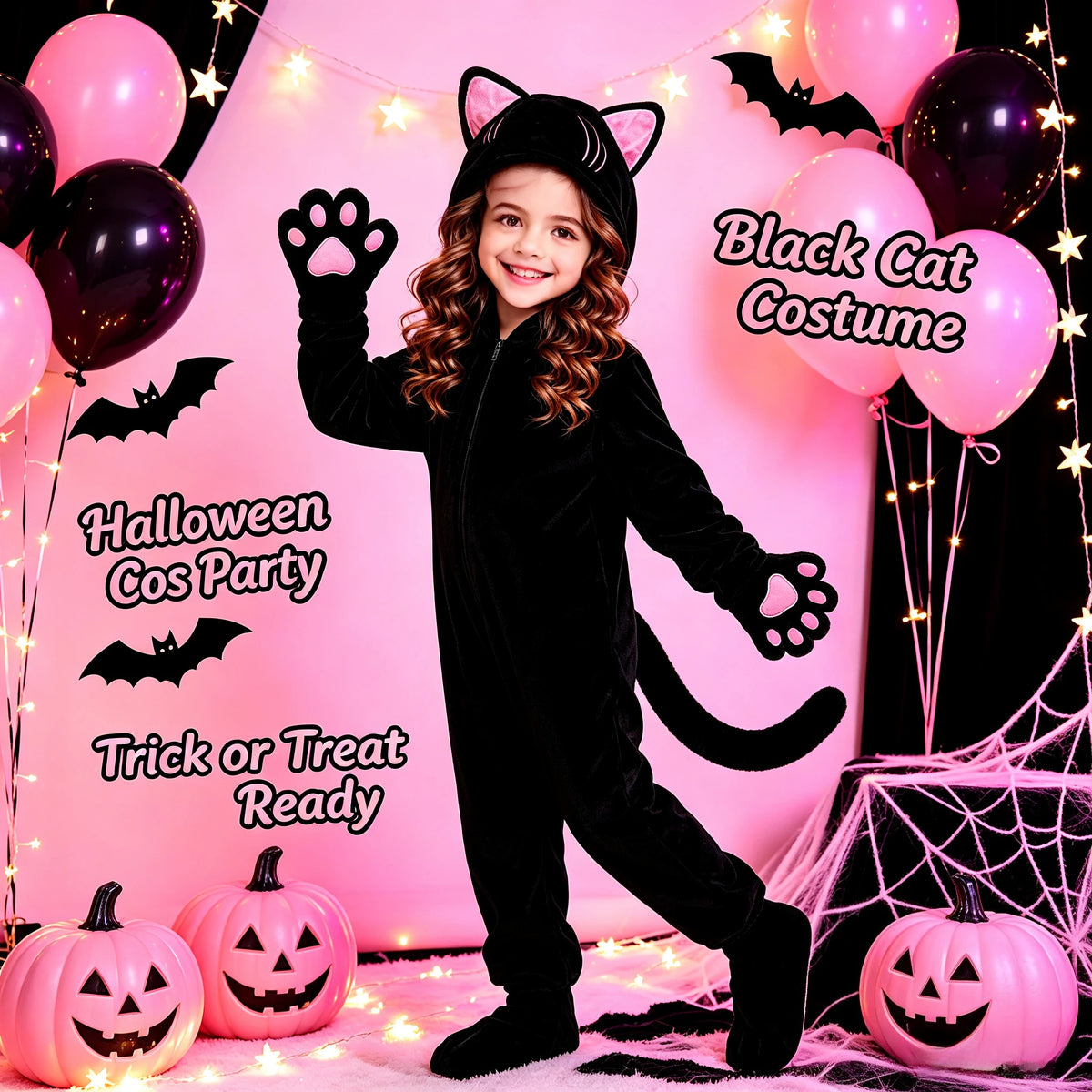 1Pc Kids Black Cat Jumpsuit Cosplay Costume, Girls Cute Cat Outfit, Halloween Animal Party Role Play Suit for Party & Gift