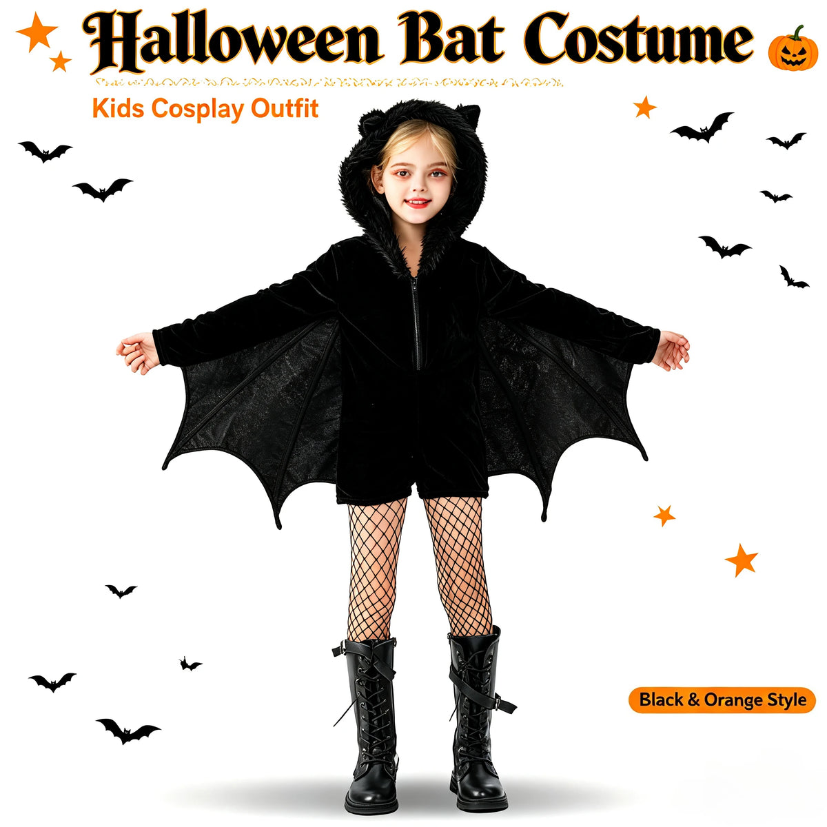 1Set Kids Dark Bat Demon Cosplay Costume, Girls Carnival Outfit, Halloween Stage Role Play Dress for Party & Holiday Gift