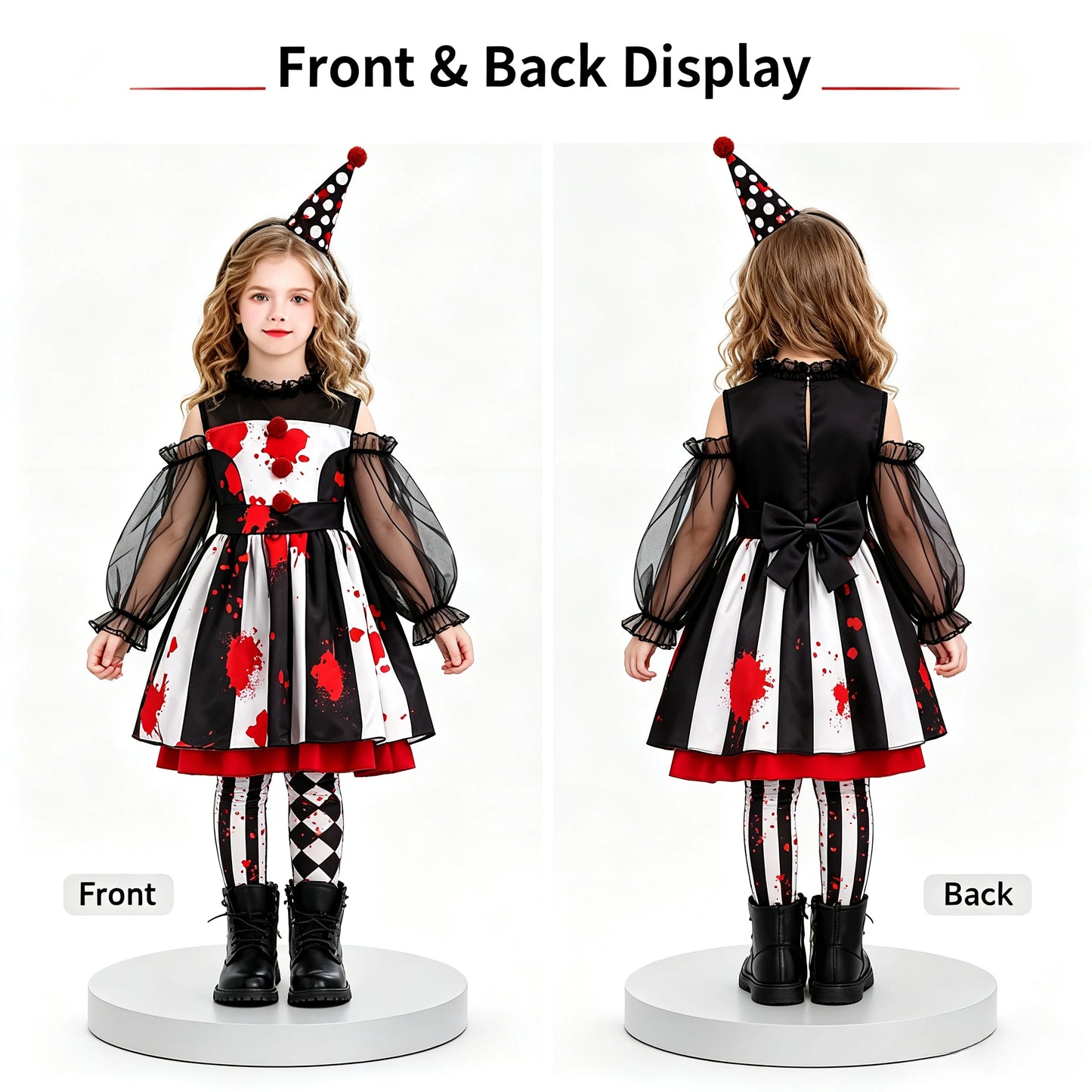 1Pc Funny Halloween Clown Kids Costume, Circus‑Theme Girls Dress, Carnival Role‑Play Outfit, Party Performance Cosplay Gift