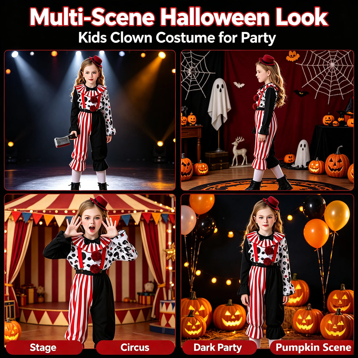 1Pc Spooky Clown Kids Cosplay Costume, Girls Halloween Party Outfit, Carnival Stage Performance Dress‑up Suit for Holiday Gift