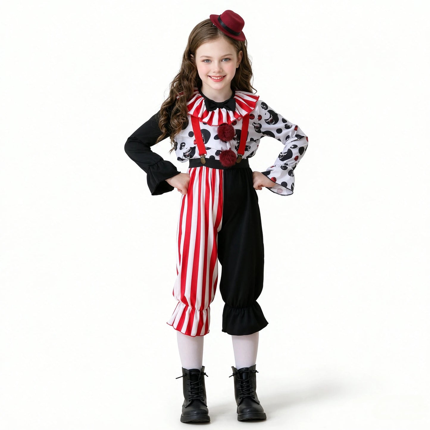 1Pc Spooky Clown Kids Cosplay Costume, Girls Halloween Party Outfit, Carnival Stage Performance Dress‑up Suit for Holiday Gift