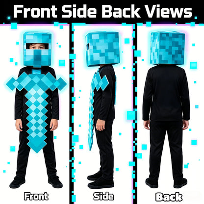 1 Pack Kids Block Character Cosplay Set, Diamond Sword Themed Outfit, Halloween Party Creative Stage Performance Costume