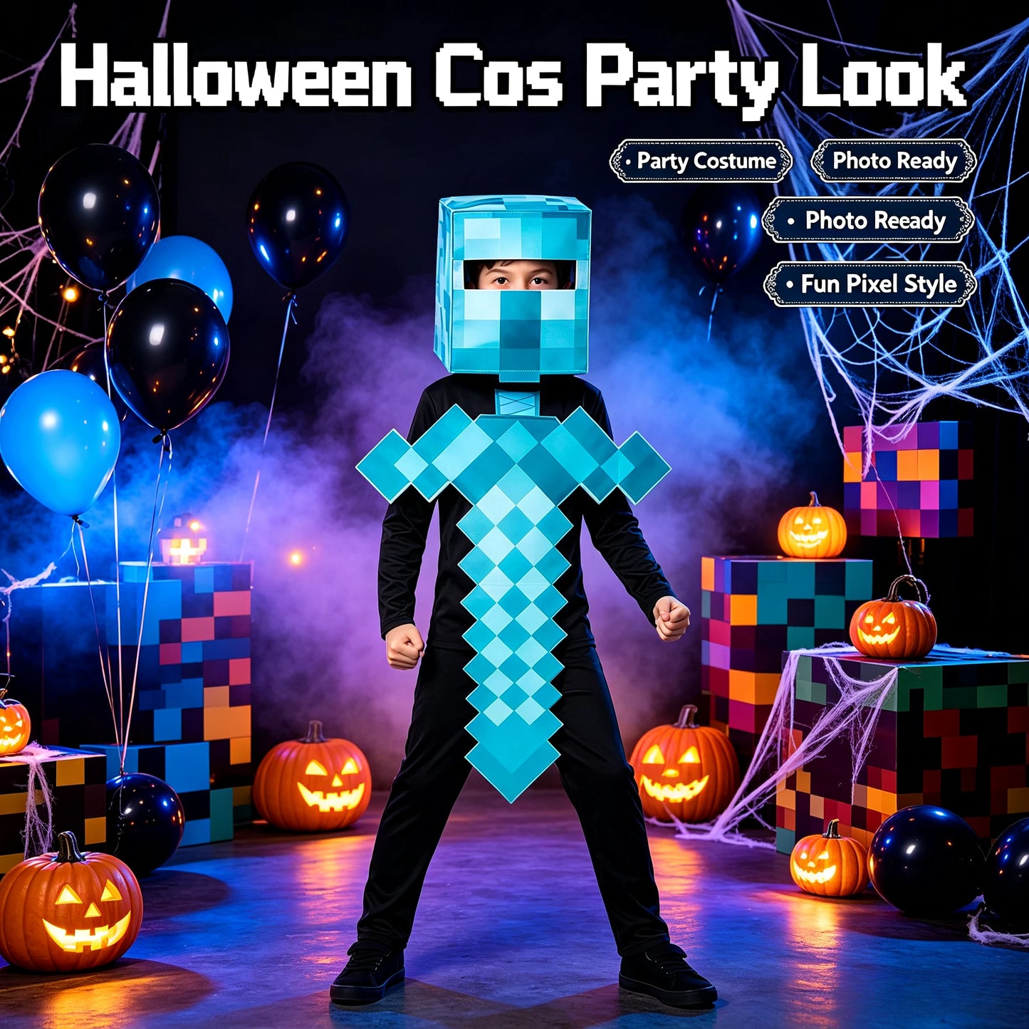 1 Pack Kids Block Character Cosplay Set, Diamond Sword Themed Outfit, Halloween Party Creative Stage Performance Costume