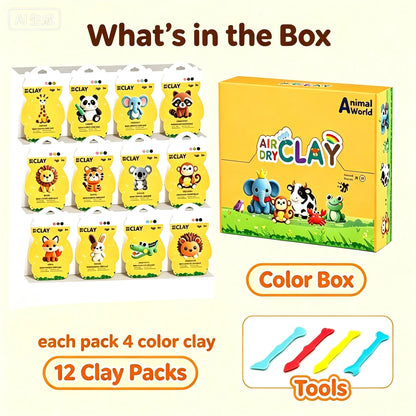 Air Dry Clay Kit with 12 Animal Molds, Full DIY Tools & Guides, Soft Non-Sticky Clay, Creative Gift for Children’s Day