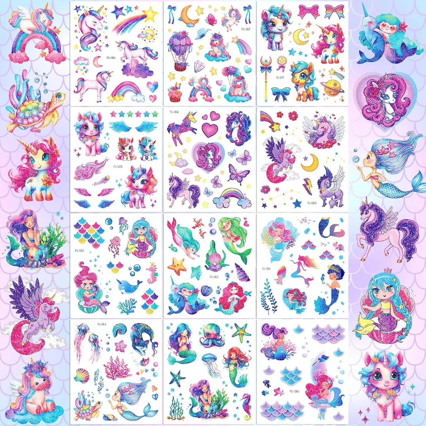 12 Sheets Glitter Kids Temporary Tattoos Toy Set- Mermaid Unicorn Rainbow Butterfly Waterproof for Girls Birthday Party Favors