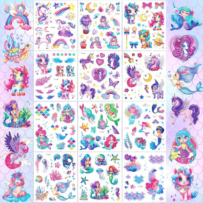 12 Sheets Glitter Kids Temporary Tattoos Toy Set- Mermaid Unicorn Rainbow Butterfly Waterproof for Girls Birthday Party Favors