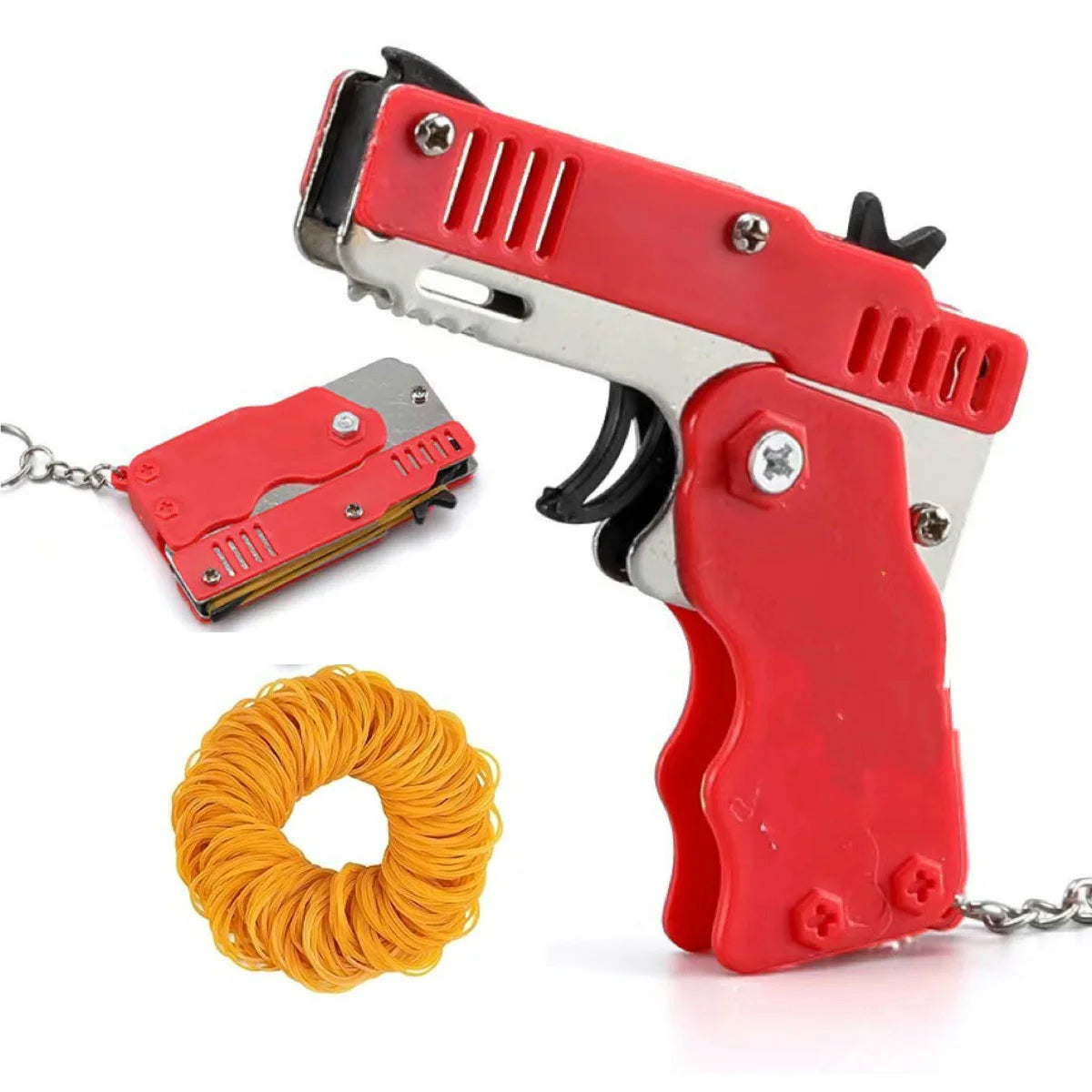 Kids Cool Mini Folding Rubber Launcher Toy with 60 Rubber Bands, Portable Toy for Outdoor Activities,  Keychain Gift