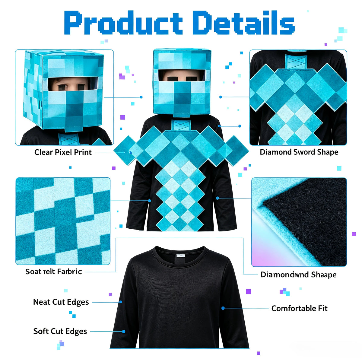 1 Pack Kids Block Character Cosplay Set, Diamond Sword Themed Outfit, Halloween Party Creative Stage Performance Costume