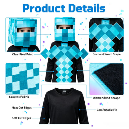 1 Pack Kids Block Character Cosplay Set, Diamond Sword Themed Outfit, Halloween Party Creative Stage Performance Costume