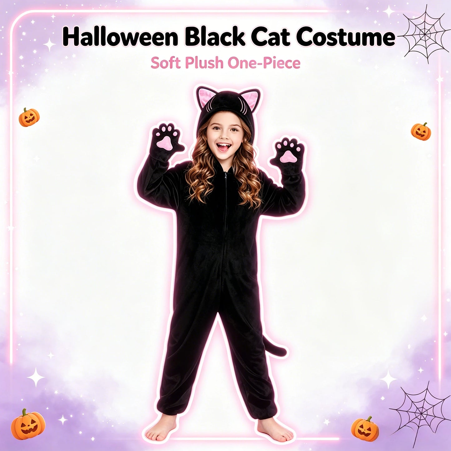 1Pc Kids Black Cat Jumpsuit Cosplay Costume, Girls Cute Cat Outfit, Halloween Animal Party Role Play Suit for Party & Gift