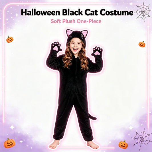 1Pc Kids Black Cat Jumpsuit Cosplay Costume, Girls Cute Cat Outfit, Halloween Animal Party Role Play Suit for Party & Gift
