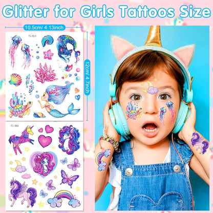 12 Sheets Glitter Kids Temporary Tattoos Toy Set- Mermaid Unicorn Rainbow Butterfly Waterproof for Girls Birthday Party Favors