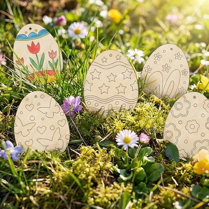 40Pcs Easter Wooden Egg Ornaments, Assorted Blank Wood Slices with Ropes, DIY Crafts Pendant for Spring Home Holiday Party Decor