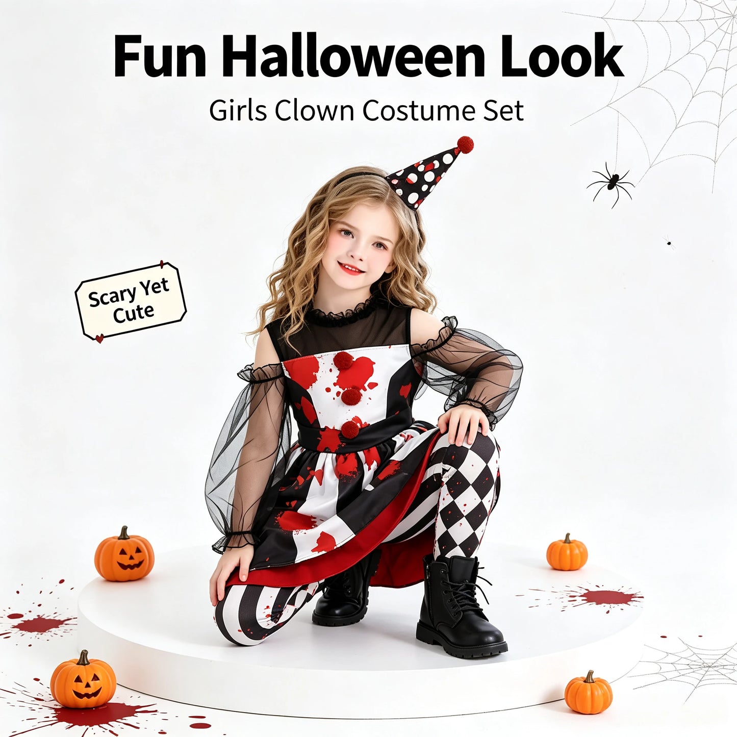 1Pc Funny Halloween Clown Kids Costume, Circus‑Theme Girls Dress, Carnival Role‑Play Outfit, Party Performance Cosplay Gift