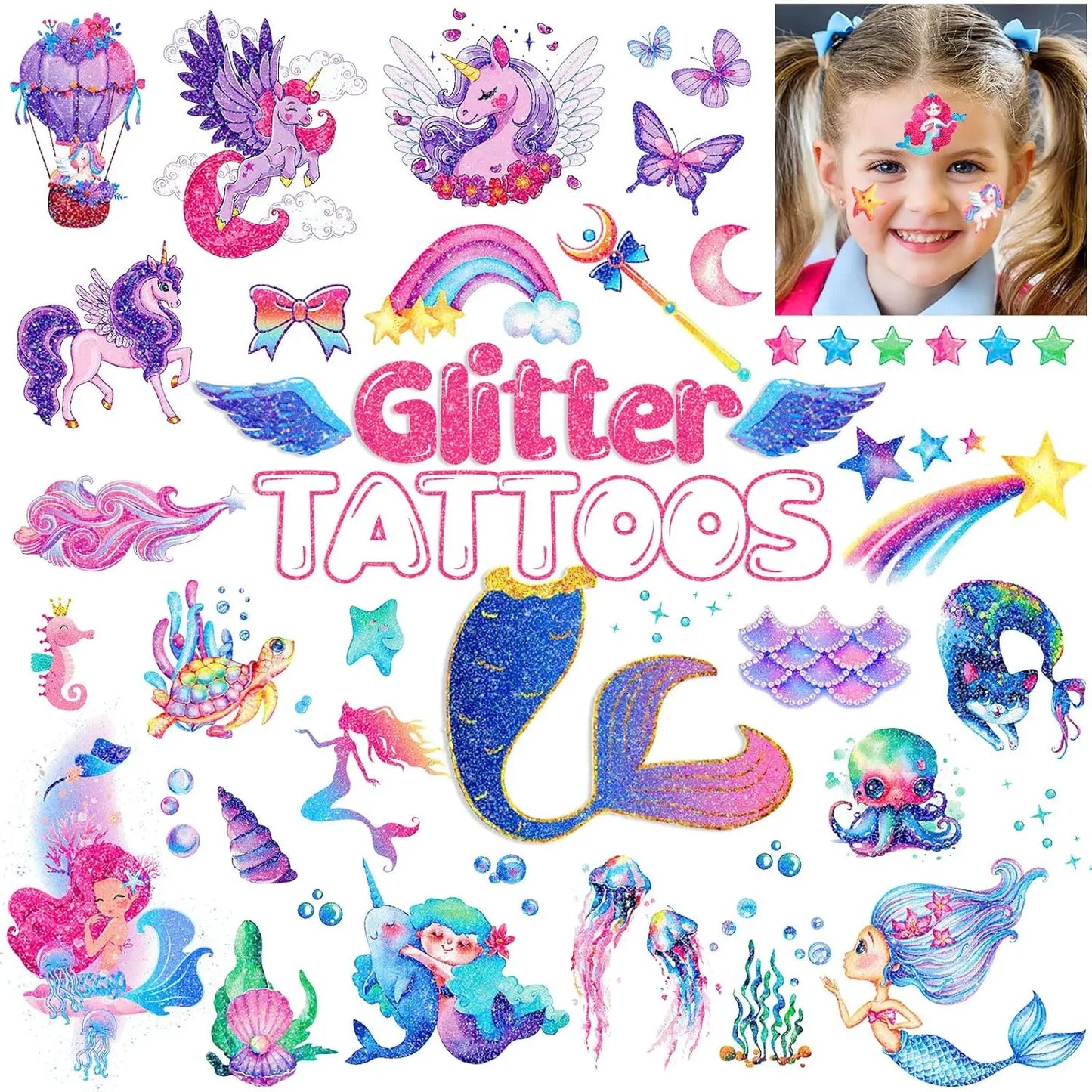 12 Sheets Glitter Kids Temporary Tattoos Toy Set- Mermaid Unicorn Rainbow Butterfly Waterproof for Girls Birthday Party Favors