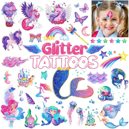 12 Sheets Glitter Kids Temporary Tattoos Toy Set- Mermaid Unicorn Rainbow Butterfly Waterproof for Girls Birthday Party Favors