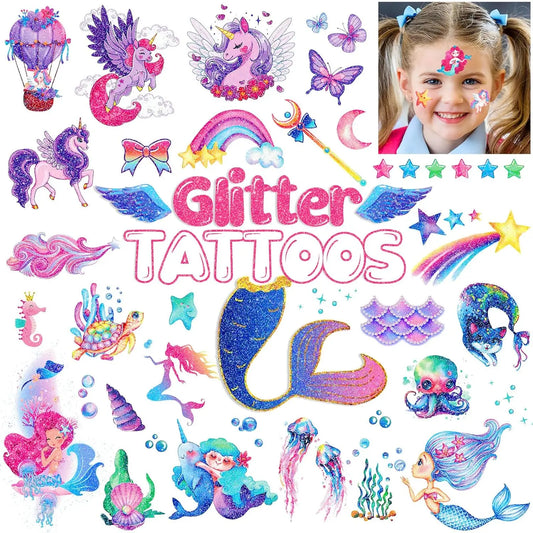 12 Sheets Glitter Kids Temporary Tattoos Toy Set- Mermaid Unicorn Rainbow Butterfly Waterproof for Girls Birthday Party Favors