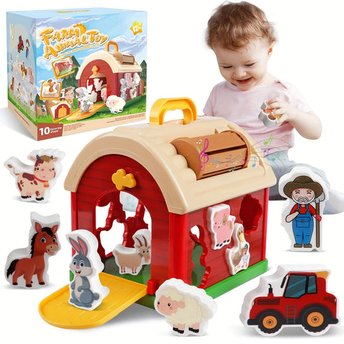 Big Red Take-Along Sorting Barn Toy with Handle, 12M+,10 Farm Play Pieces  , Shape Sorting & Stacking Learning Gift for Toddler