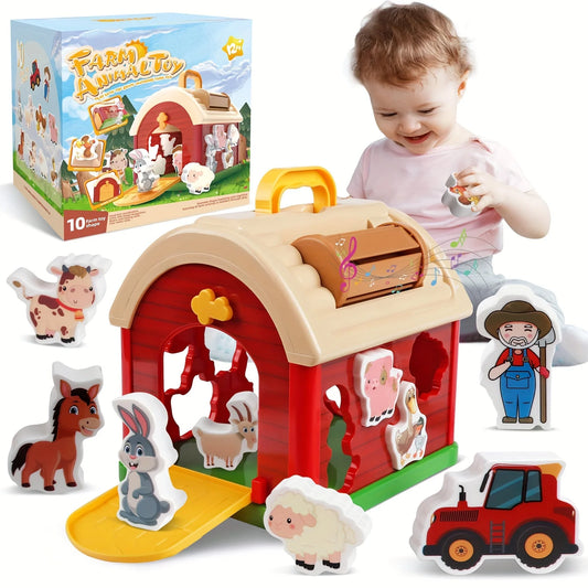 Big Red Take-Along Sorting Barn Toy with Handle, 12M+,10 Farm Play Pieces  , Shape Sorting & Stacking Learning Gift for Toddler