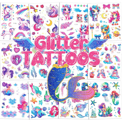 12 Sheets Glitter Kids Temporary Tattoos Toy Set- Mermaid Unicorn Rainbow Butterfly Waterproof for Girls Birthday Party Favors