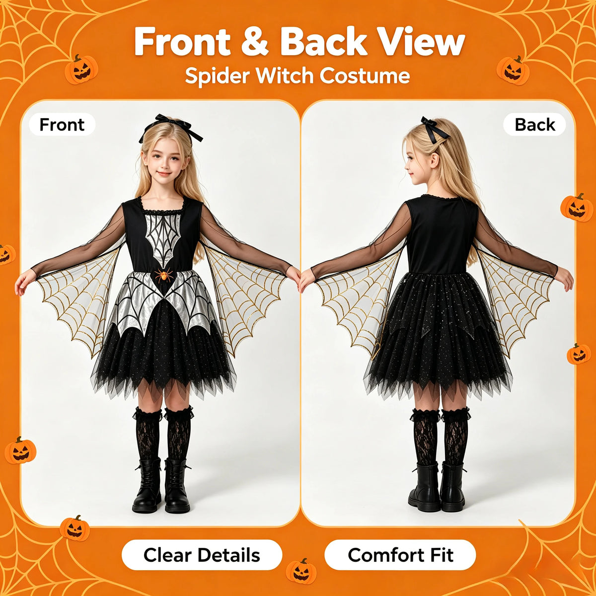1 Pack Girls Spider Themed Costume, Spiderweb Cape Dress, Halloween Carnival Outfit for Stage Performance & Cosplay Party
